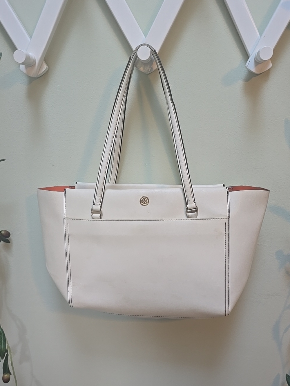 Tory Burch Cream/Orange Parker Leather Double-Handle Tote with Gold Logo
